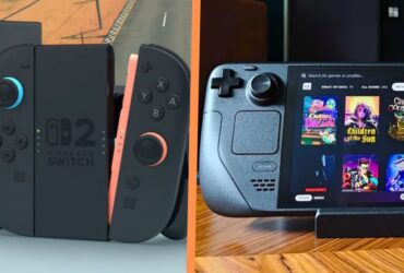 The Steam Deck OLED side by side with a Switch 2's controller, separated by an orange line