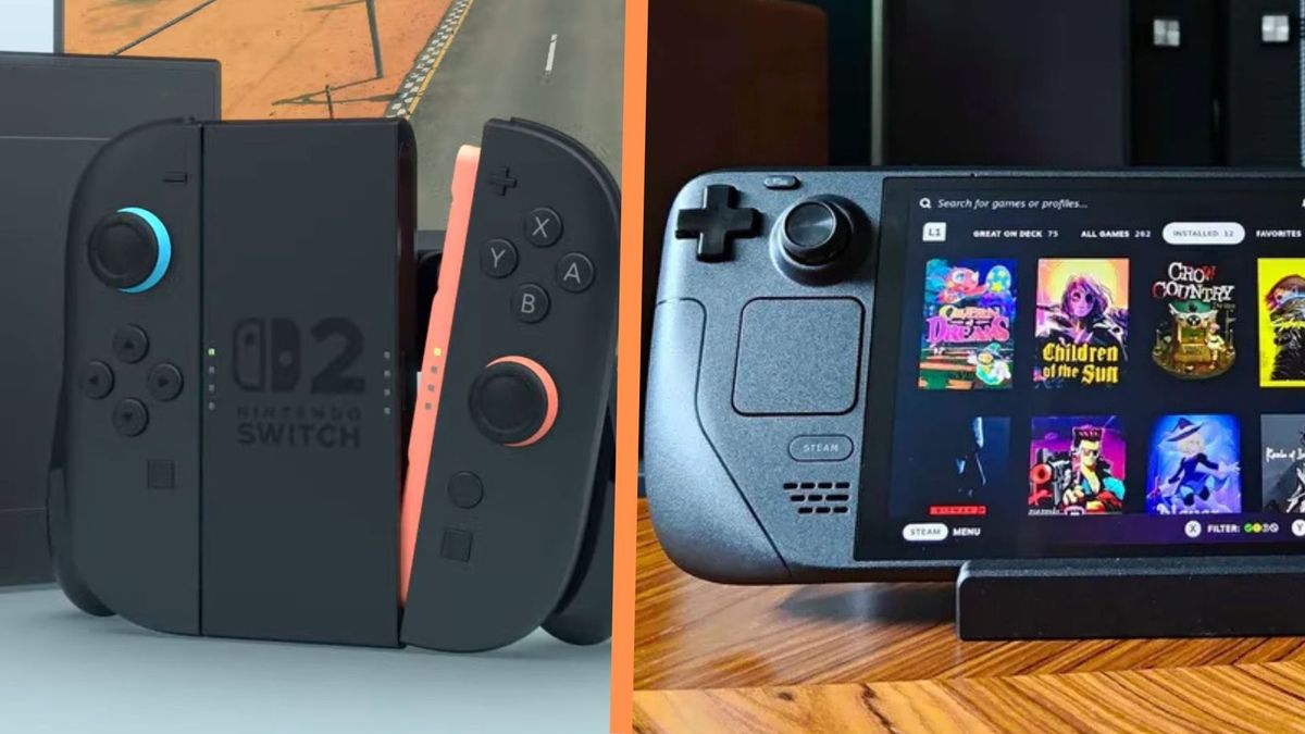 The Steam Deck OLED side by side with a Switch 2's controller, separated by an orange line