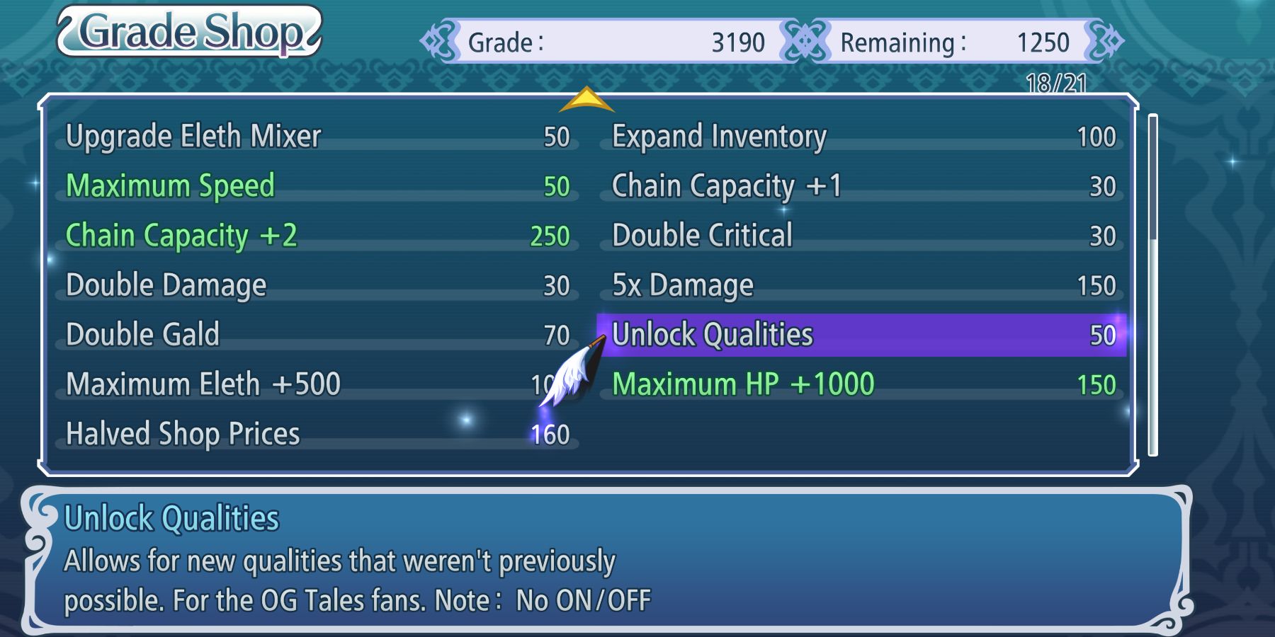 Tales of Graces f - claiming grade shop items