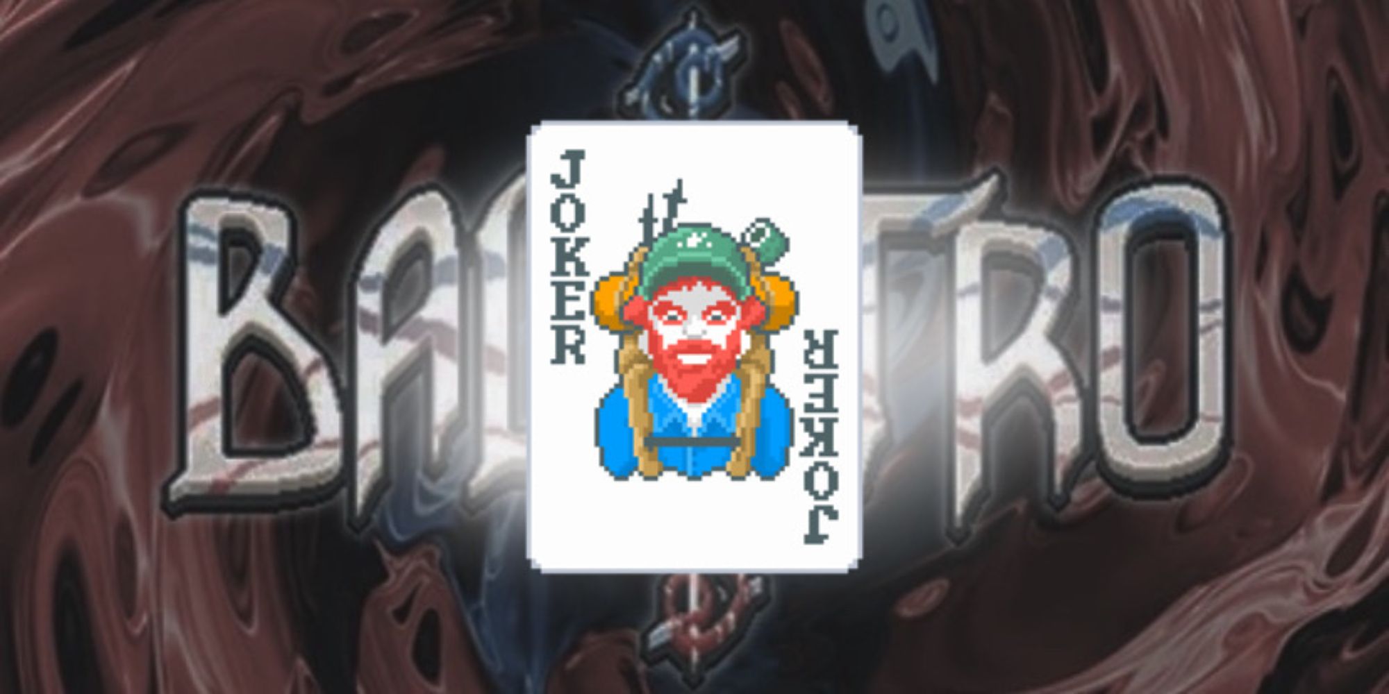 A white joker card where the joker is dressed up in hiker gear with an image from Balatro as the background