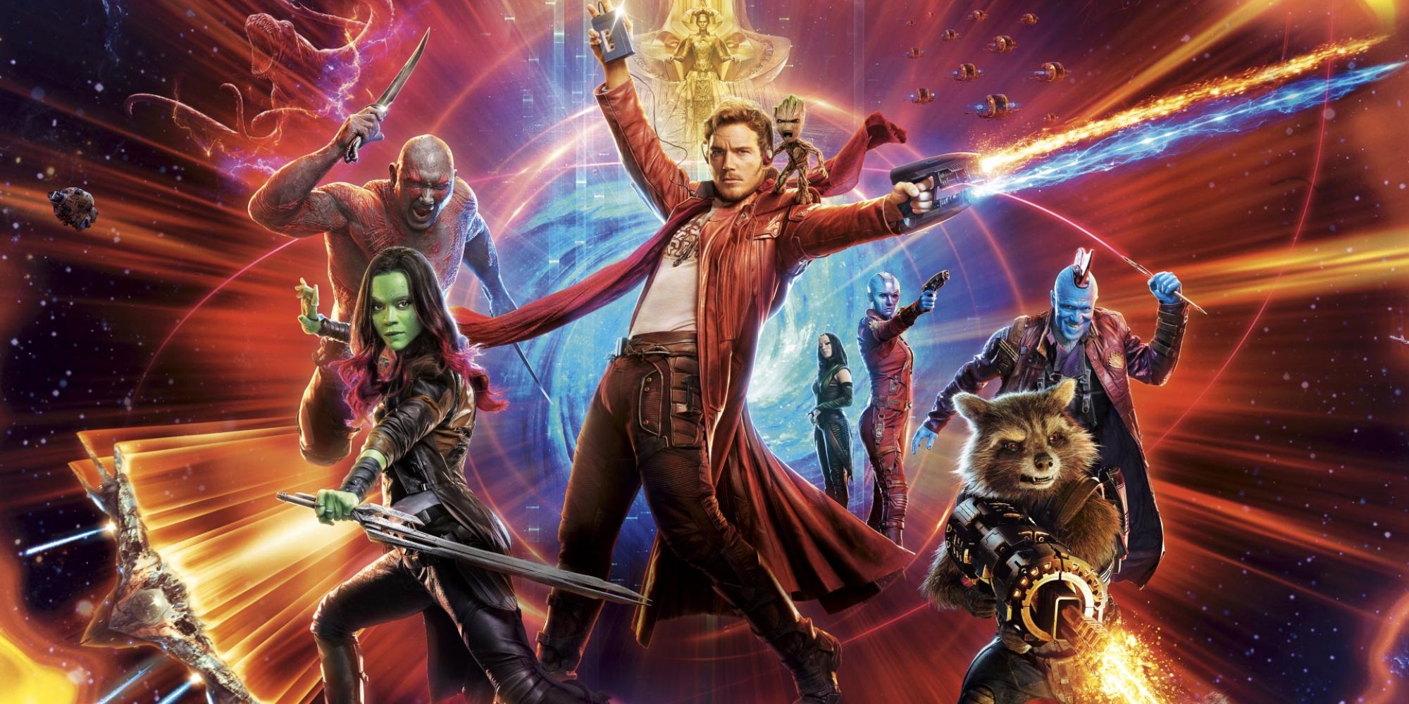 Star-Lord, Baby Groot, Gamora, Drax, Rocket Raccoon, Yondu, Mantis, and Nebula on the cover of Guardians of the Galaxy Vol. 2.