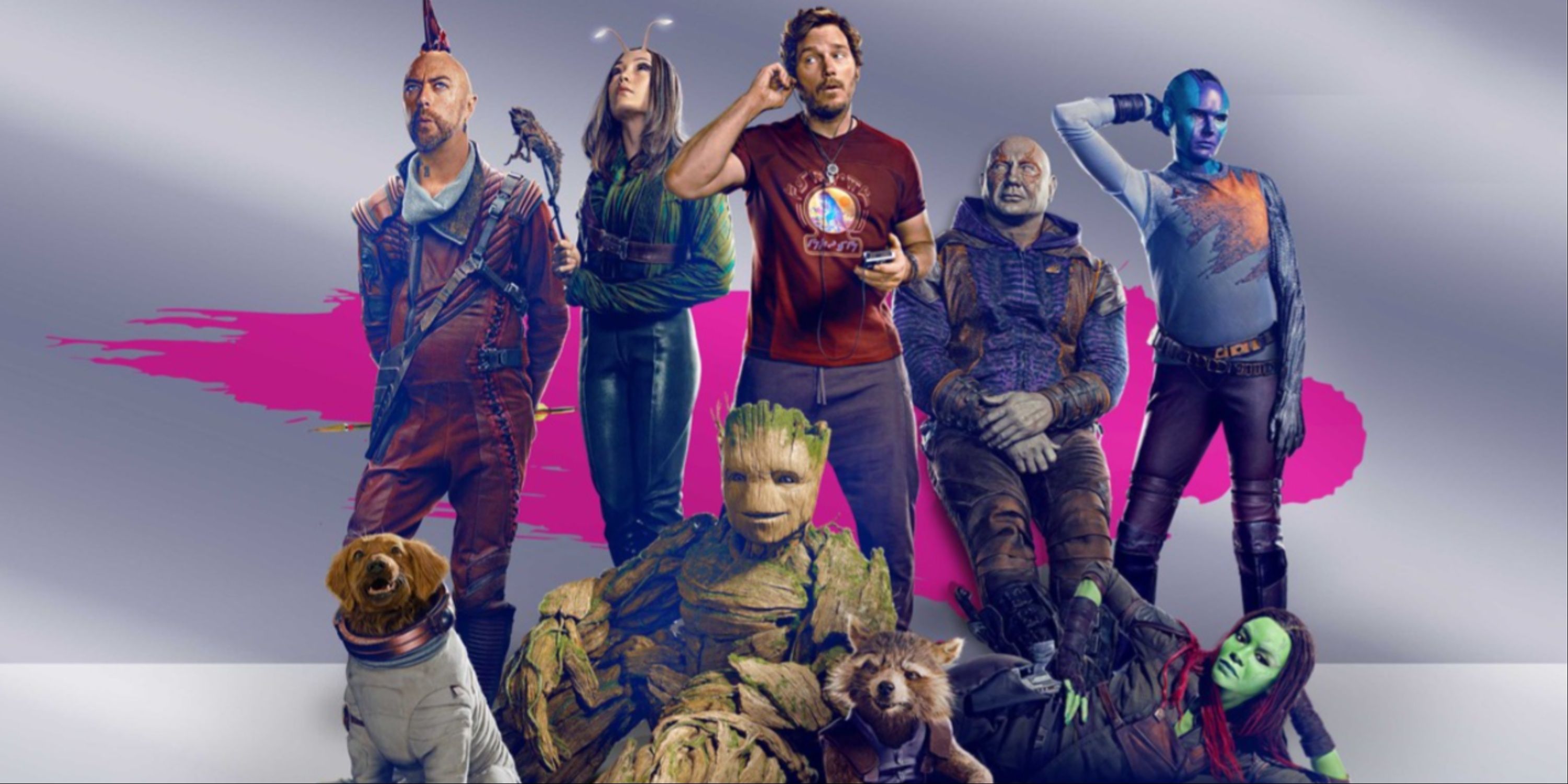 Star-Lord, Rocket Raccoon, Gamora, Drax, Mantis, Cosmo, Young Groot, Nebula, and Kraglin posing on the main art of Guardians of the Galaxy Vol. 3.