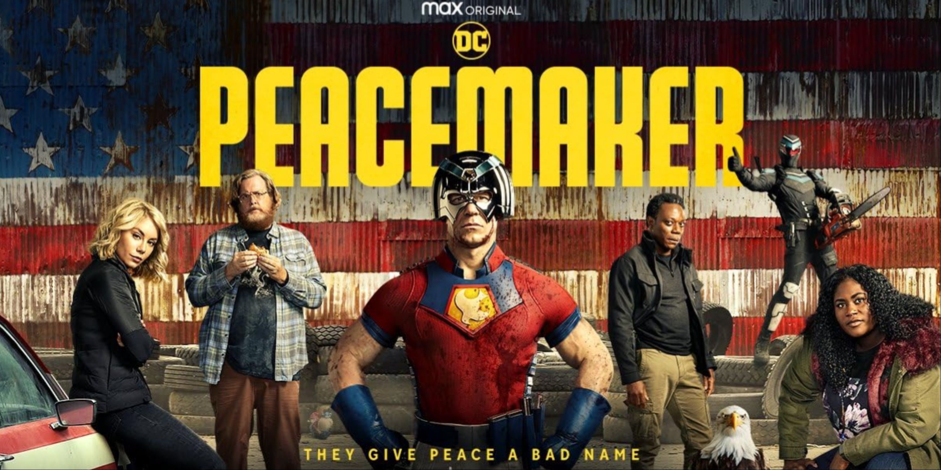 The main cast of Peacemaker on the main poster for James Gunn's HBO Max show with the title also displayed.