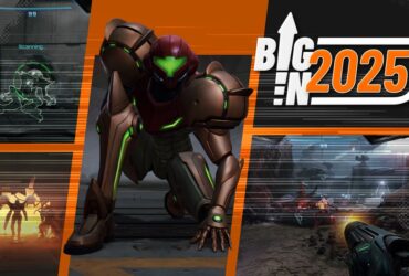 Metroid Prime 4: Beyond screenshots showing Samus crouched in an action pose next to a Big in 2025 logo