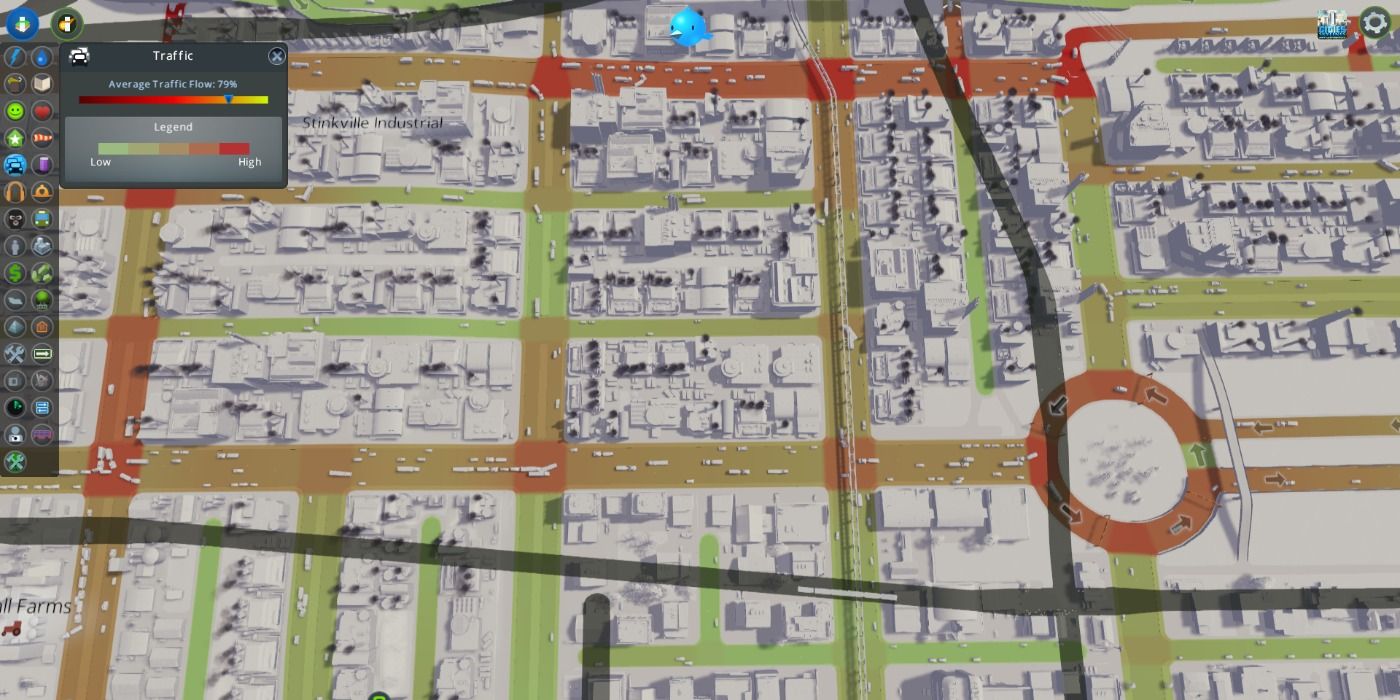 The traffic flow heatmap function of Cities: Skylines.