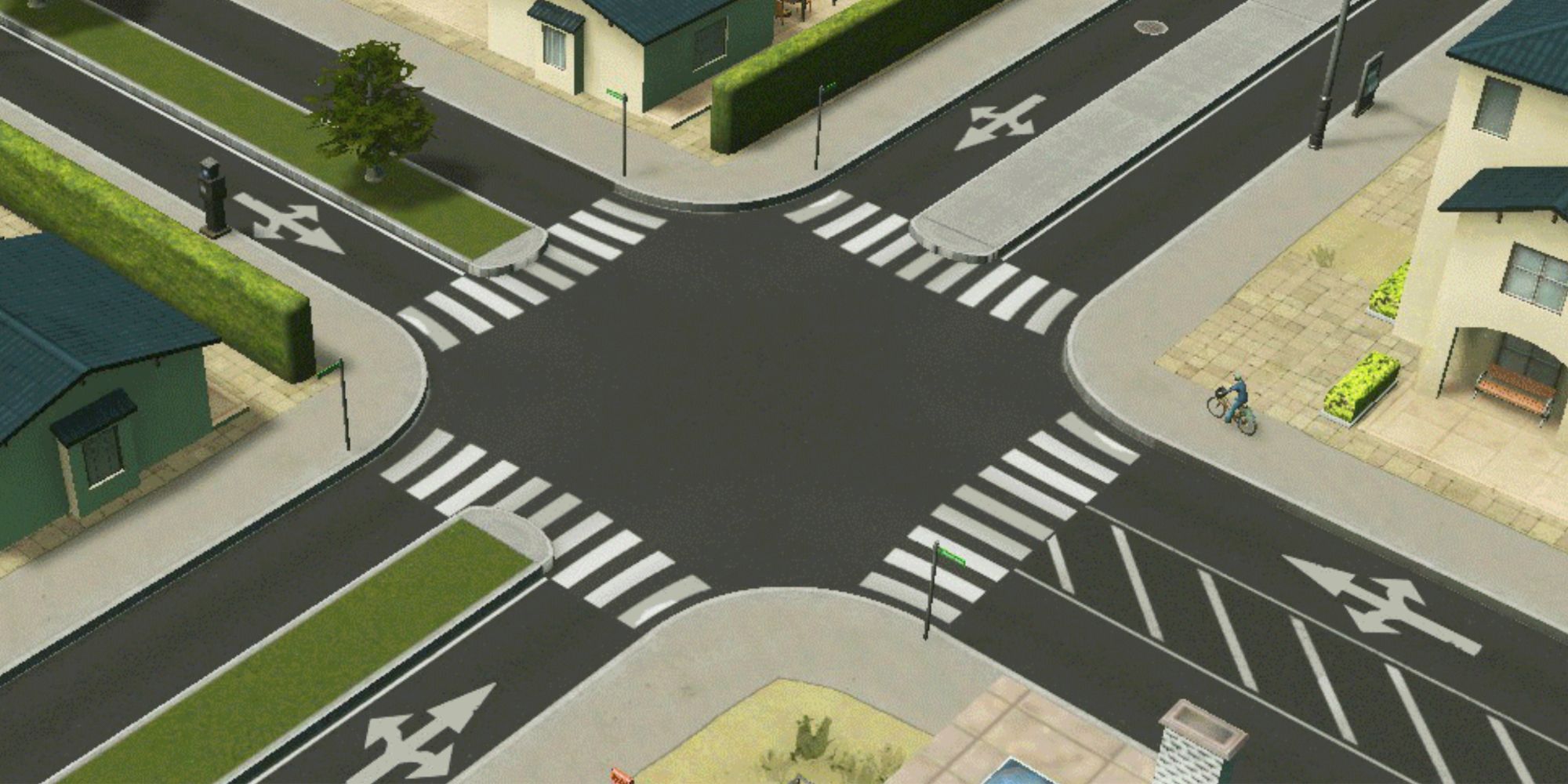 An intersection shown using the Cities Skylines - Network Extensions Mod.