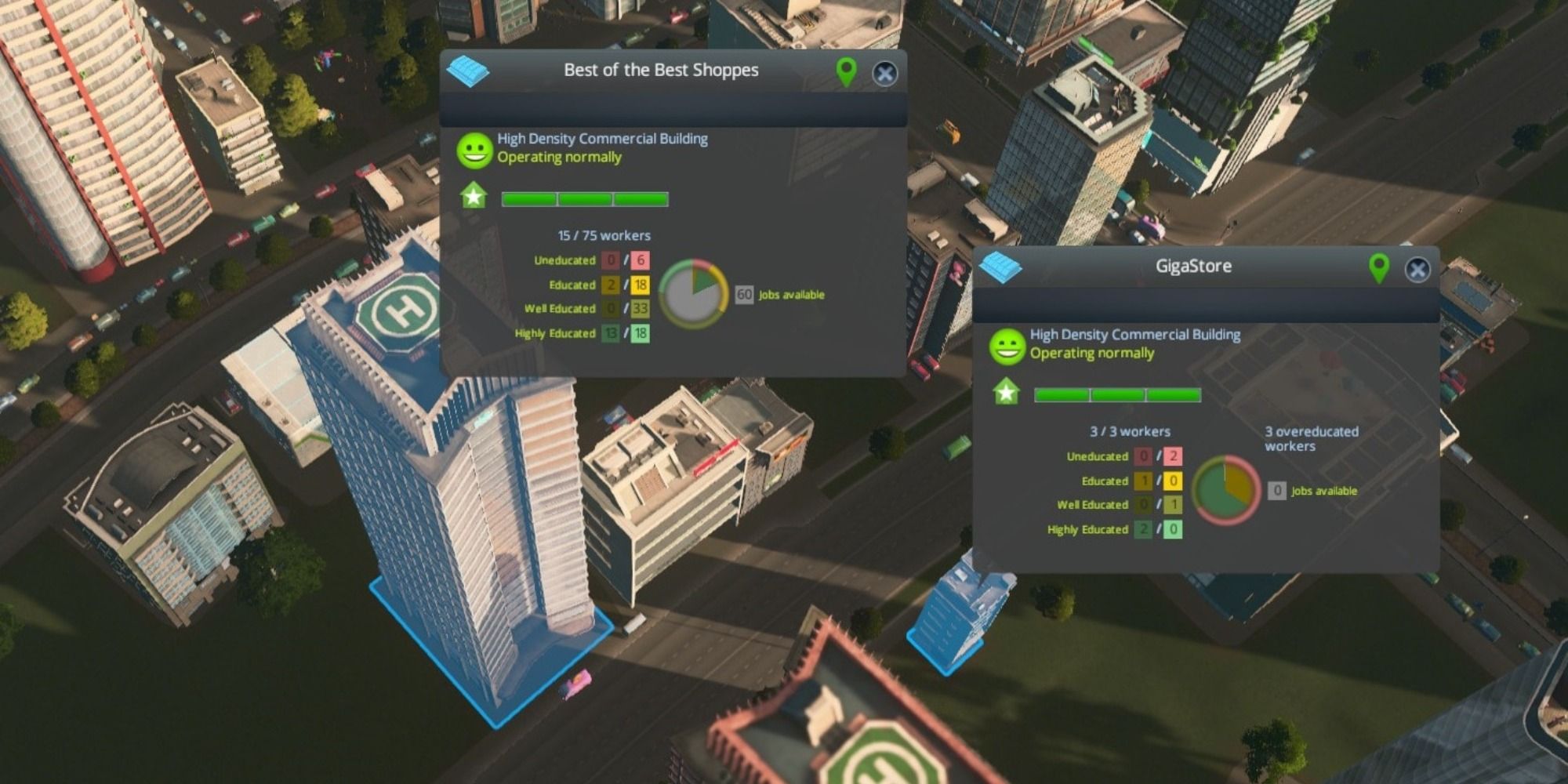 Cities Skylines Realistic Population Revisited building menus shown when zoomed in. 