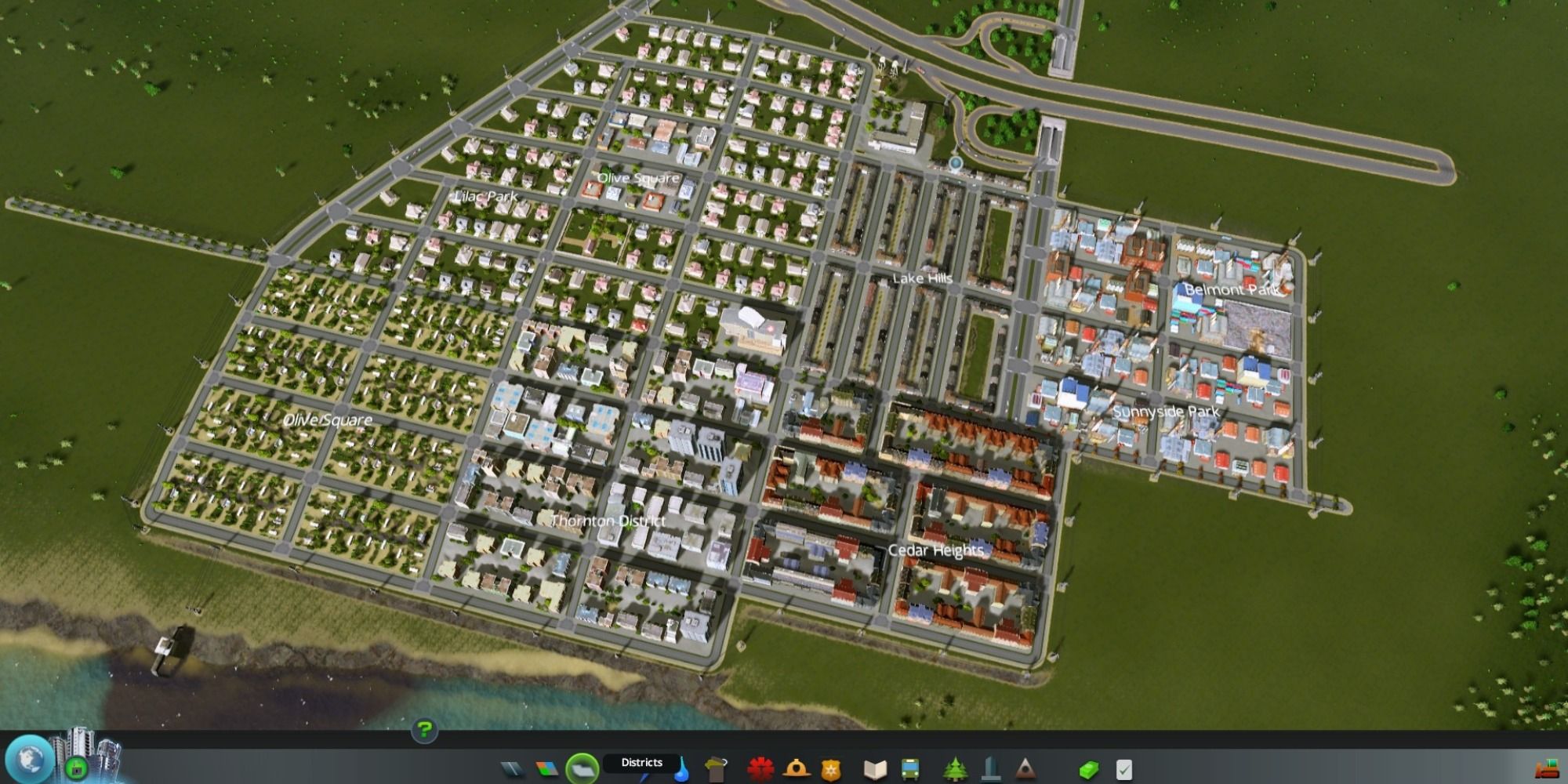 Cities Skylines Building Themes mod showing multiple districts with different themes.