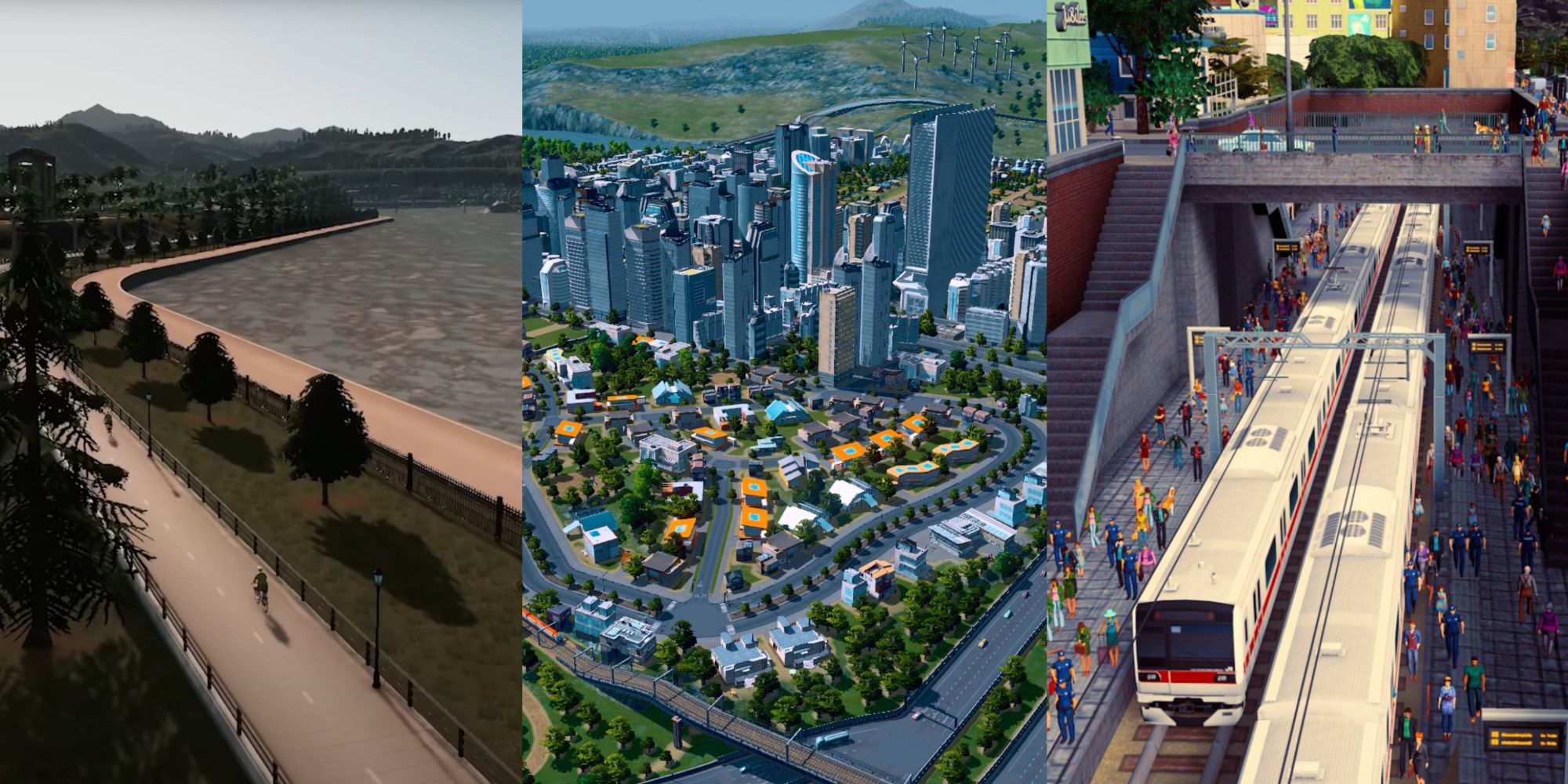 A split image from Cities Skylines of a cityscape, an underground metro, and an outdoor bike path.