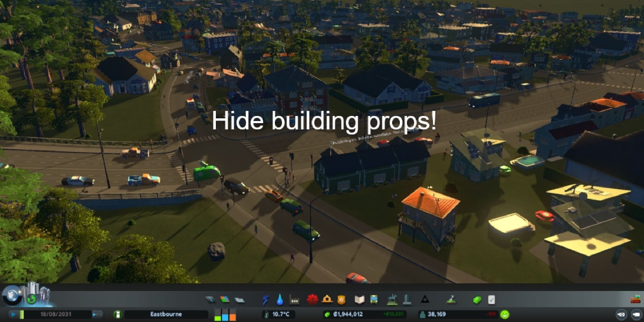 A screenshot from Cities Skylines with text telling players that they can hide props.