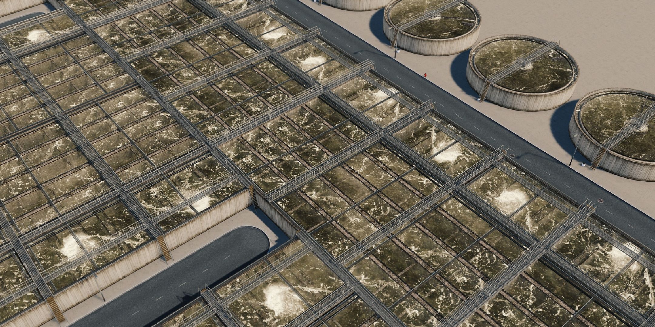 A zoomed in shot of a water treatment plant in Cities Skylines.