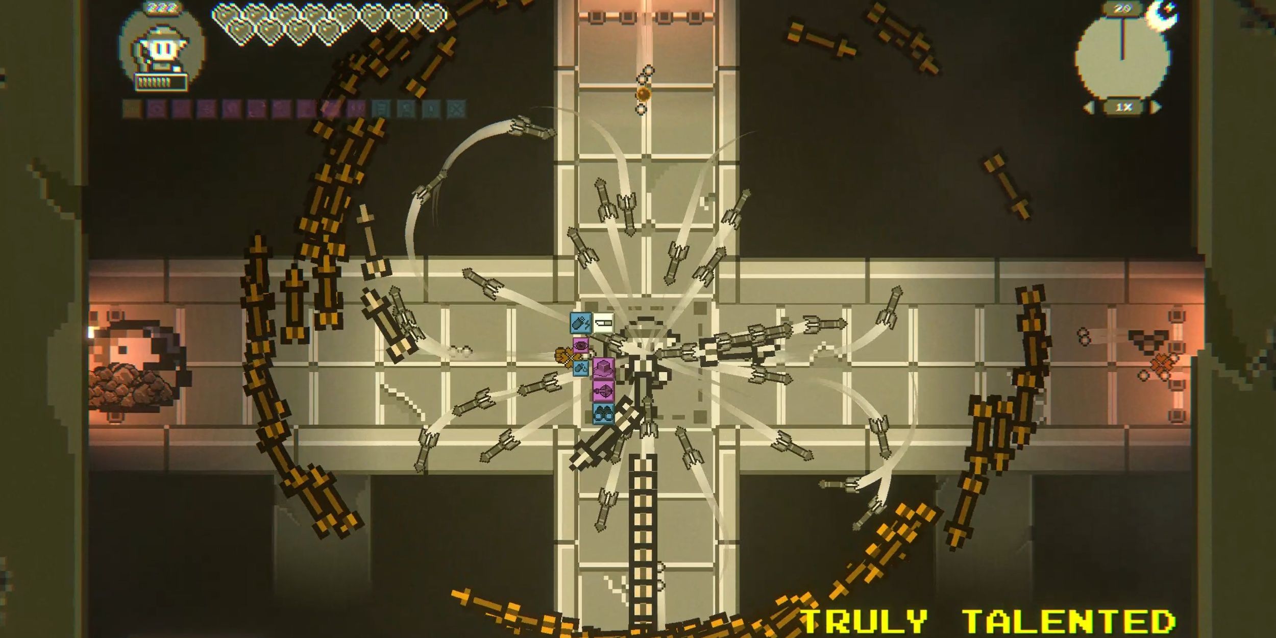 The Archer surrounded by a swarm of missiles. On an outer radius, yellow arrows orbit.