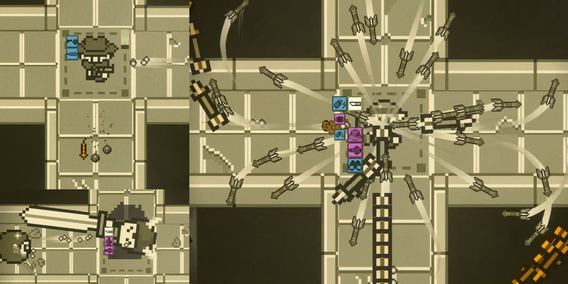 Top left: The Bandit shoots two slugs and a rocket. Bottom left: The Warrior swings his sword at an enemy. Right: The Archer firing many missiles, which swarm around him in Talented.