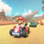 Mario racing on a desert track during the Switch 2 reveal trailer.