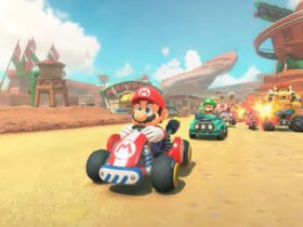 Mario racing on a desert track during the Switch 2 reveal trailer.