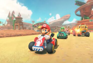 Mario racing on a desert track during the Switch 2 reveal trailer.