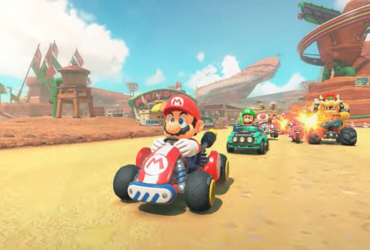 Mario racing on a desert track during the Switch 2 reveal trailer.