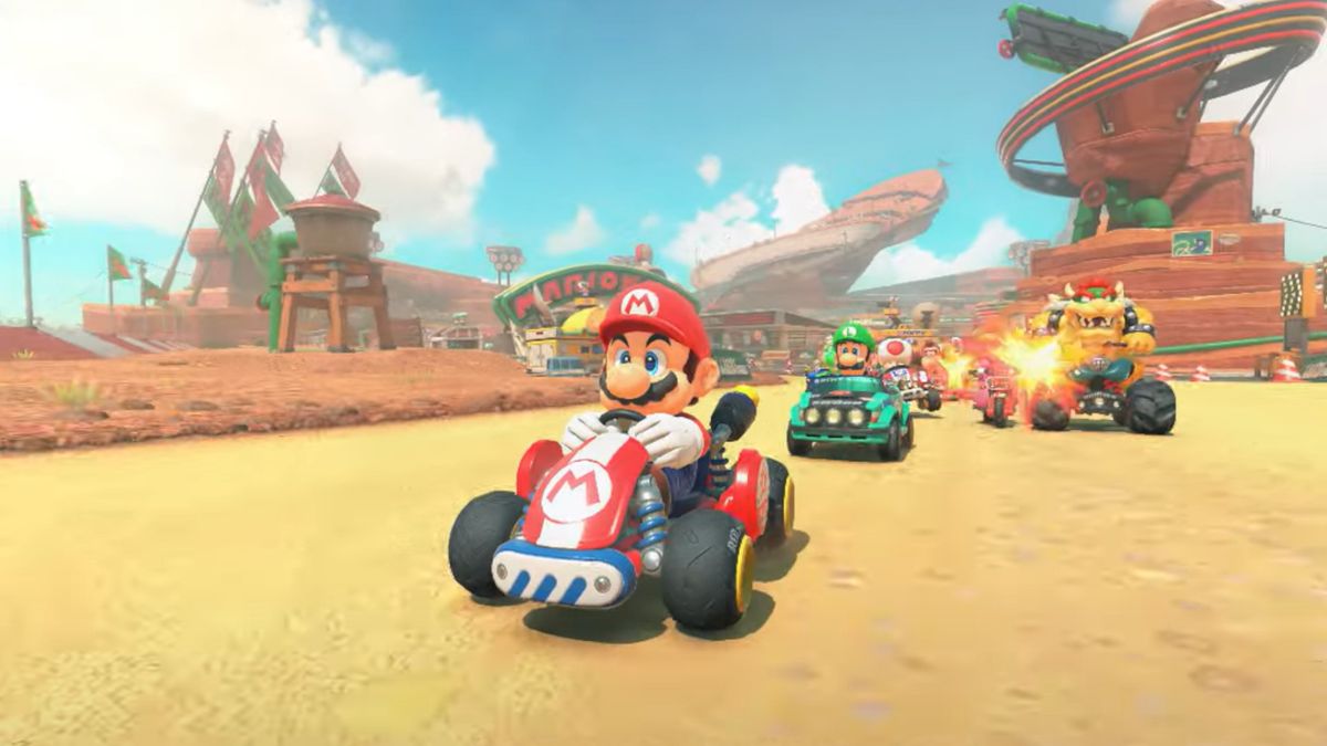 Mario racing on a desert track during the Switch 2 reveal trailer.