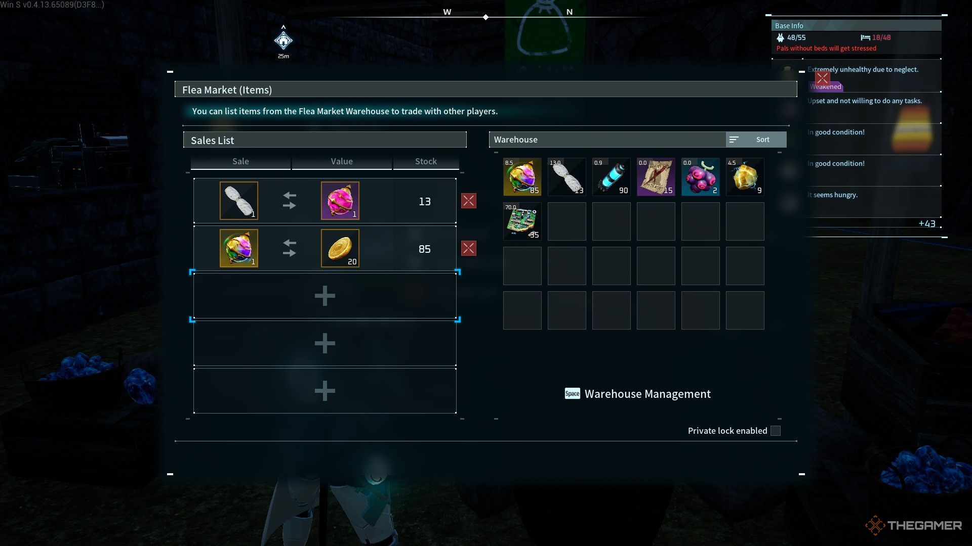 The image shows the Flea Market interface with several items on sale in Palworld.