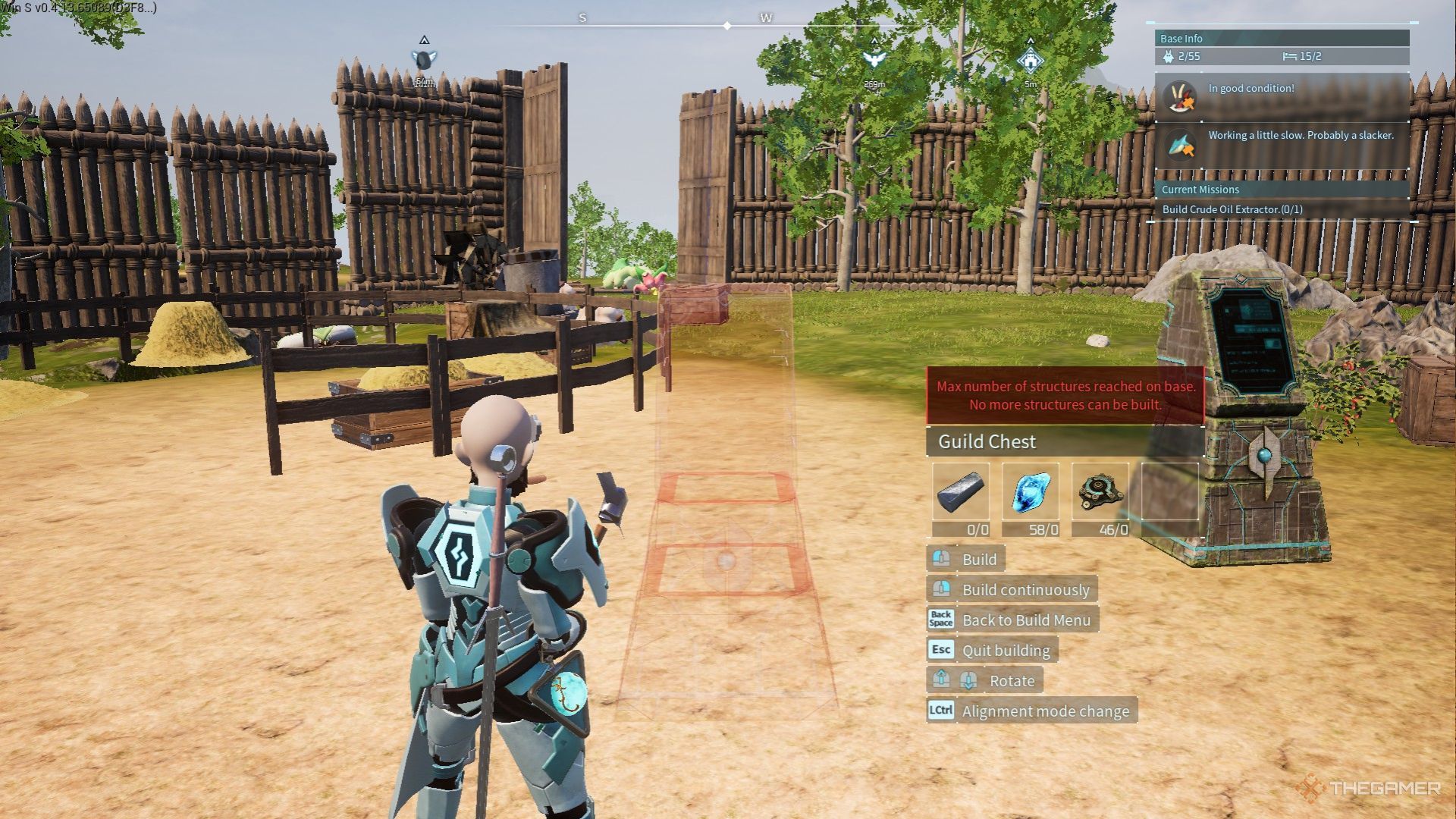 The image shows that the player is unable to build a second Guild Chest inside a base in Palworld.