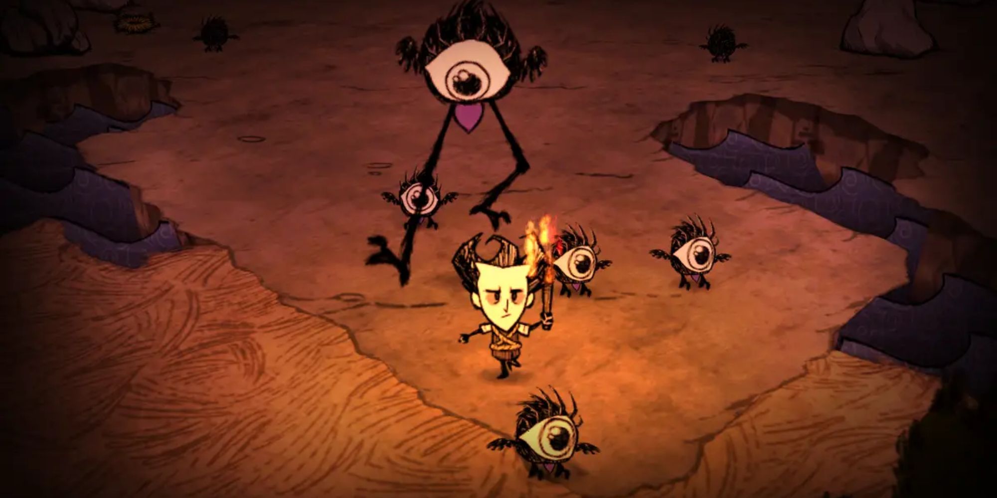 Wilson being chased by monsters in Don't Starve