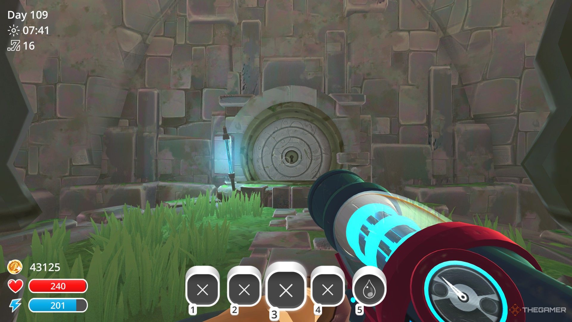 The player is standing in front of a Slime Gate in Slime Rancher.