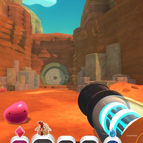 The player is standing in front of the Slime Gate number one in Slime Rancher