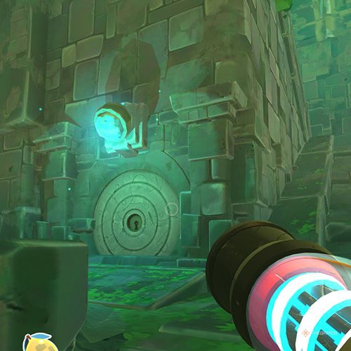 The player is standing in front of the Slime Gate that grants access to the Glass Desert from the Ancient Ruins in Slime Rancher