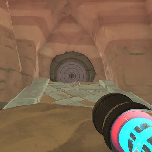 The player is standing in front of the Glass Desert's first slime gate in Slime Rancher