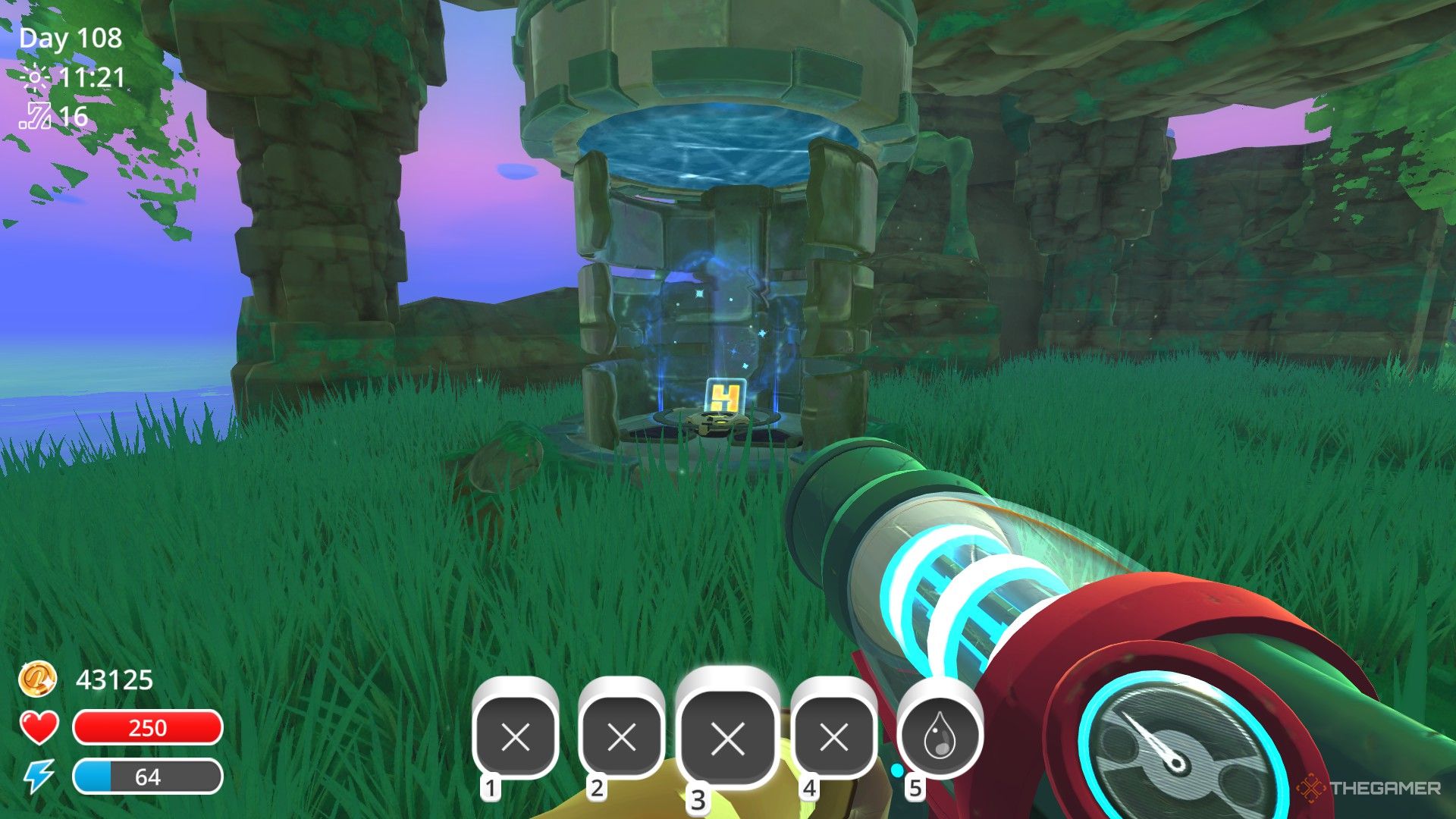 The player is standing in front of the teleporter that grants access to a vault in Slime Rancher.