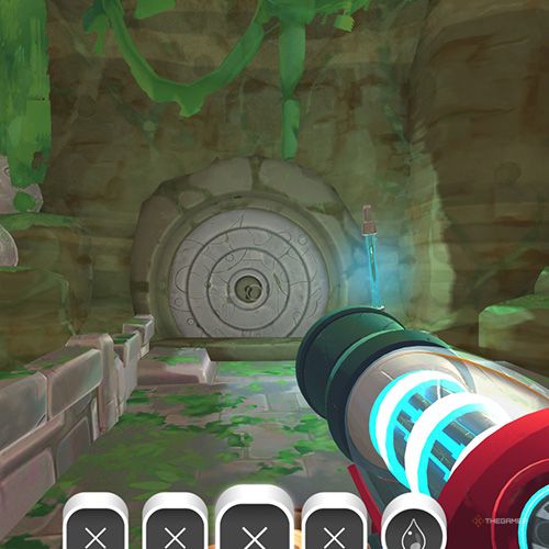 The player is standing in front of the Moss Blanket's vault door in Slime Rancher