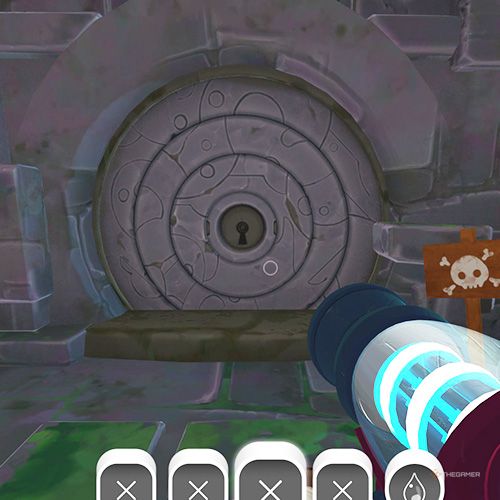 The player is standing in front of the Ring Island's vault door in Slime Rancher