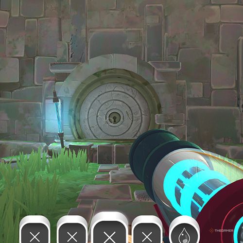 The player is standing in front of the Indigo Quarry's vault door in Slime Rancher