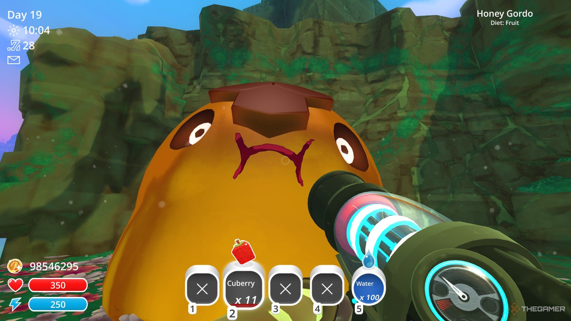 The player pops the Honey Gordo in Slime Rancher.