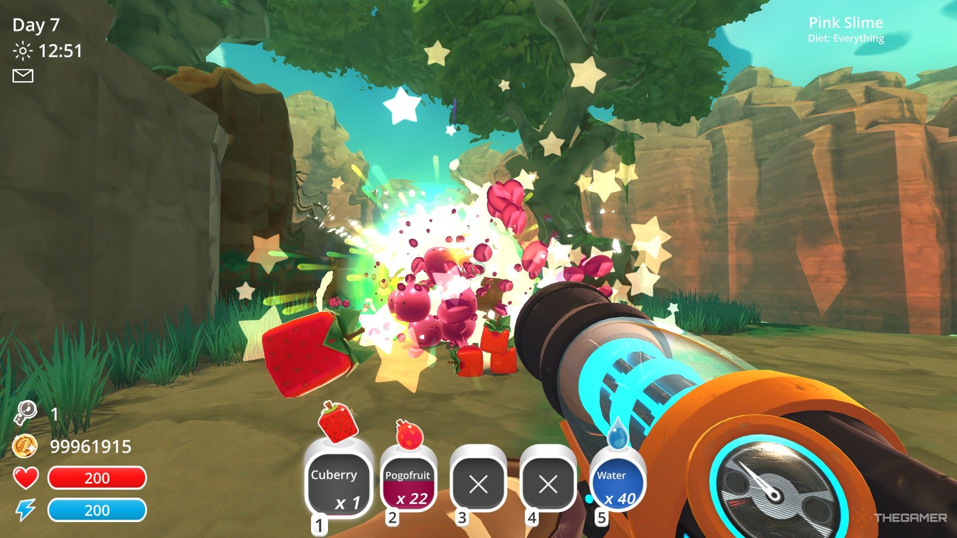 The player pops a Pink Gordo in Slime Rancher.