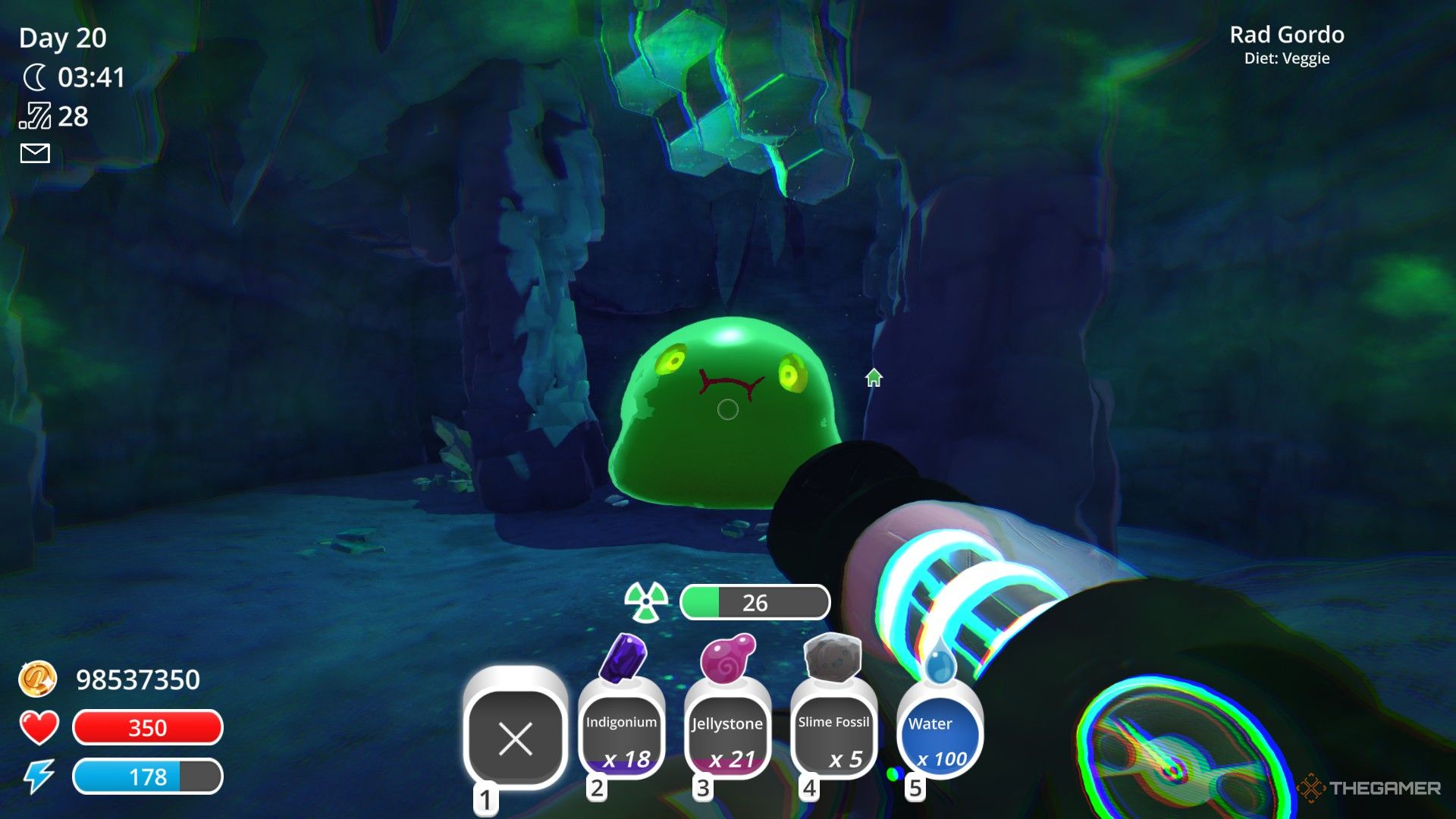 The player pops the Rad Gordo in Slime Rancher.