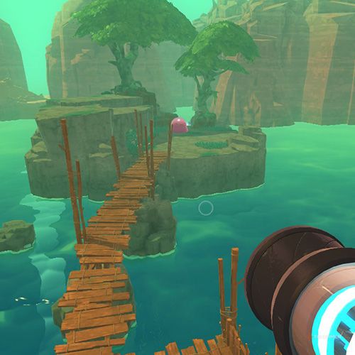 The player is looking at the Pink Gordo Slime located on a island in Dry Reef area in Slime Rancher