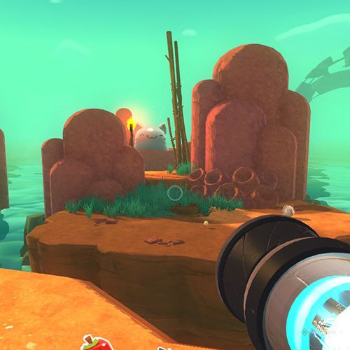 The player is looking at a Tabby Gordo in one of the Dry Reef's small islets in Slime Rancher