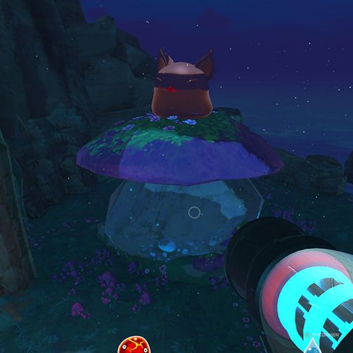 The player is looking at a Hunter Gordo which is located on the Moss Blanket in Slime Rancher