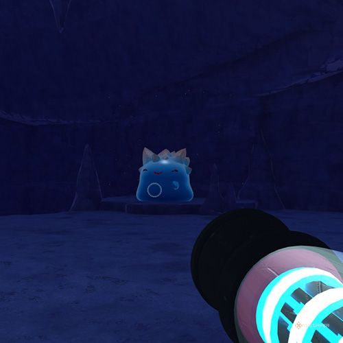 The player is looking at a Rock Gordo which is located on the Indigo Quarry in Slime Rancher