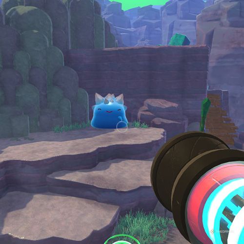 The player is looking at a Rock Gordo which is located on the Indigo Quarry's coast in Slime Rancher