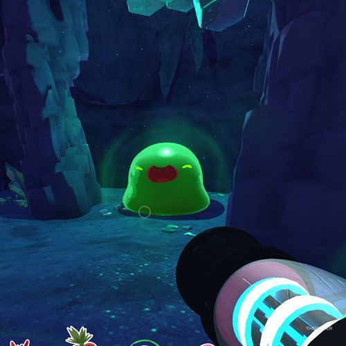 The player is looking at a Rad Gordo which is located on the Indigo Quarry in Slime Rancher