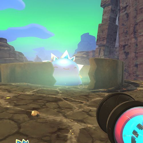 The player is looking at a Crystal Gordo which is located on the Indigo Quarry in Slime Rancher