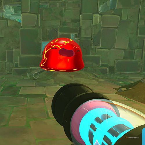 The player is looking at a Boom Gordo which is located on the Ancient Ruins in Slime Rancher