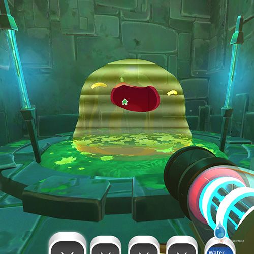 The player is looking at a Quantum Gordo which is located on the Ancient Ruins in Slime Rancher