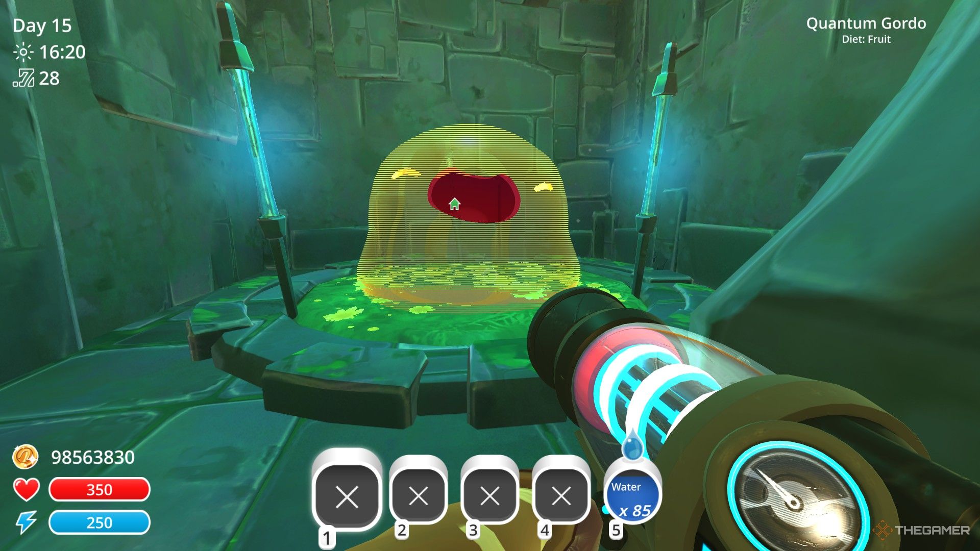 The player is standing in front of the Quantum Gordo in Slime Rancher.