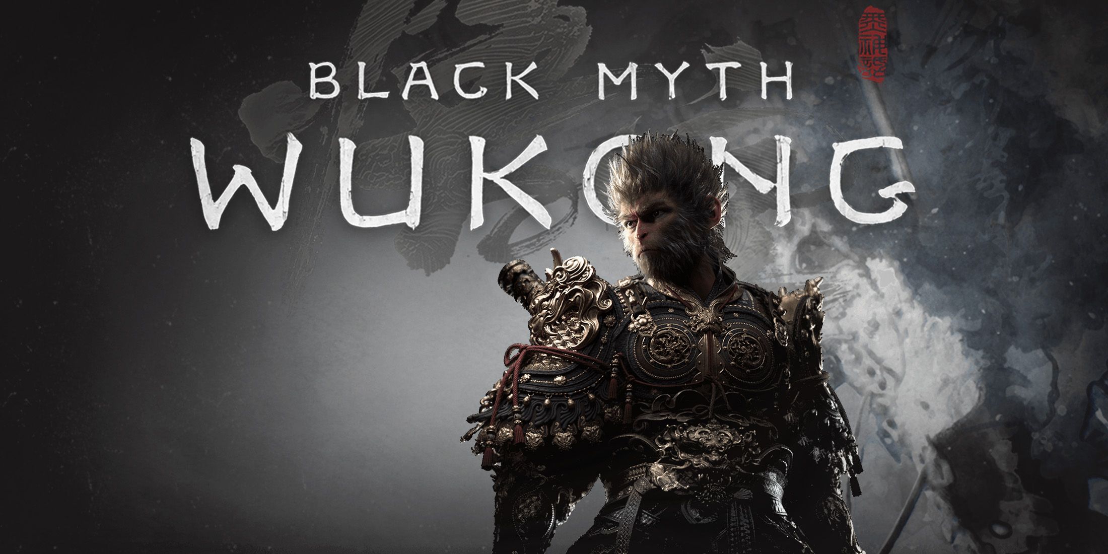 Black Myth Wukong protagonist in front of game logo gray paint brush background 2x1 composite