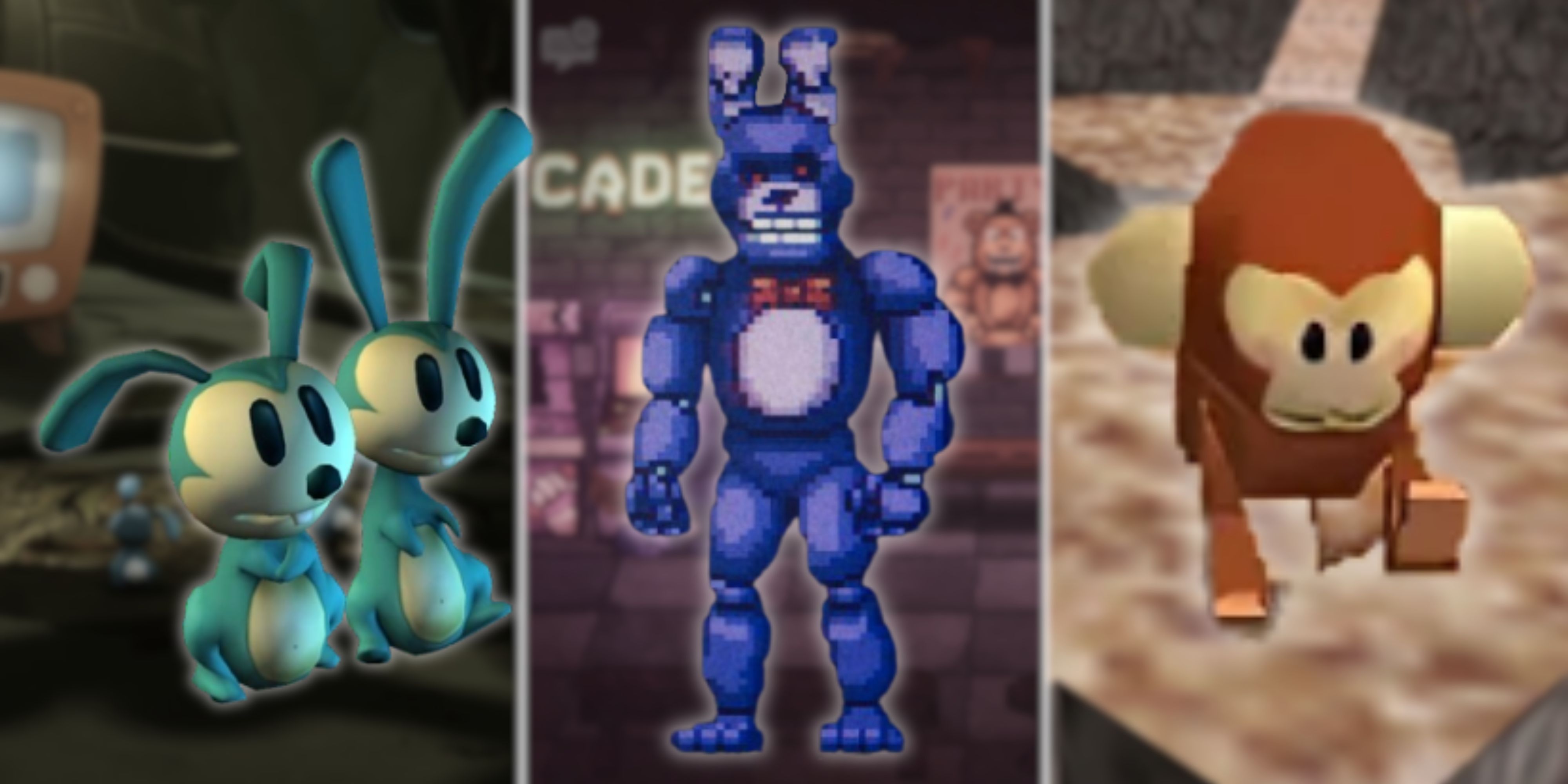 Three screenshots from left to right feature the Bunny Children from Disney Epic Mickey, Bonnie from FNAF Into The Pit, and Ukiki from Super Mario 64.