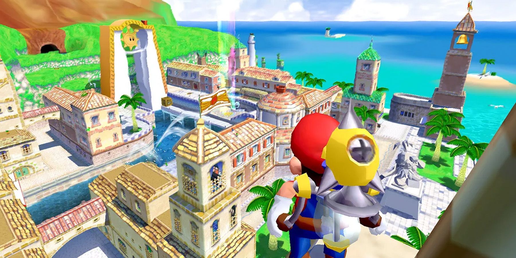 Mario overlooking Isle Delfino in Super Mario Sunshine