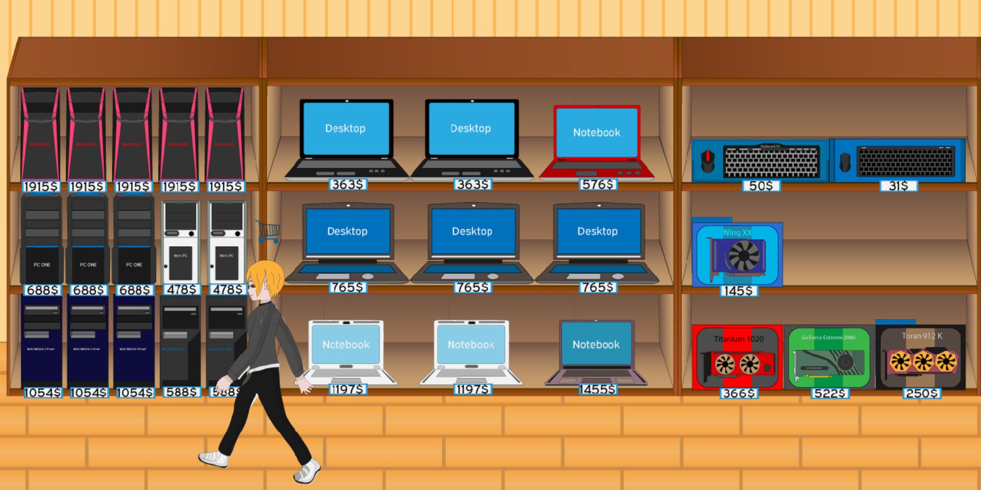 Shop Manager Video Game Tycoon screenshot of a person walking past shelves that contain computers and monitors.